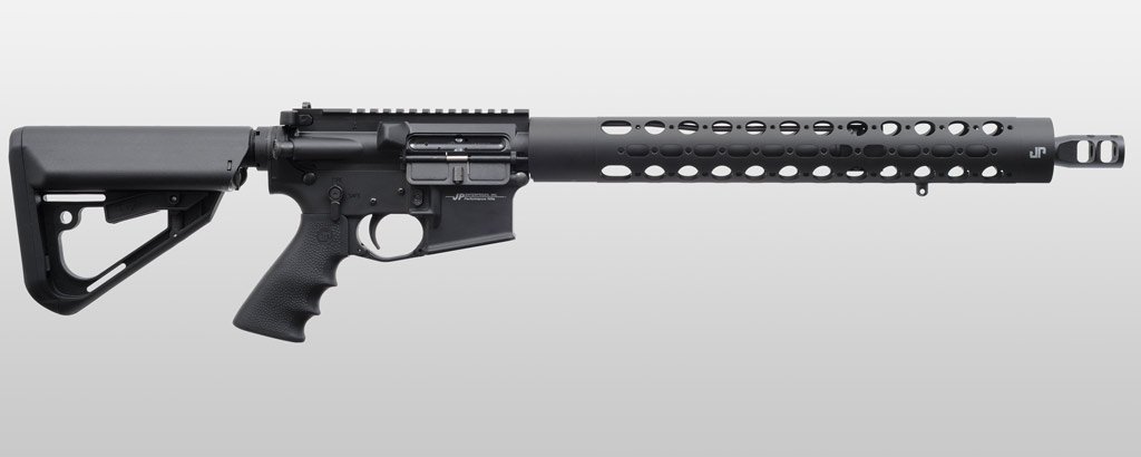 <table>
<tr><td class="spec_name">Receiver Finish: </td><td>Black Teflon over hard coat anodizing</td></tr>
<tr><td class="spec_name">Barrel: </td><td>16” light contour JP Supermatch™ with black Teflon finish</td></tr>
<tr><td class="spec_name">Muzzle Treatment: </td><td>Small-profile JP Compensator</td></tr>
<tr><td class="spec_name">Gas System: </td><td>JP adjustable minimized gas block</td></tr>
<tr><td class="spec_name">Bolt Carrier: </td><td>JP Full Mass Bolt Carrier</td></tr>
<tr><td class="spec_name">Hand Guard: </td><td>Extra Long JP Rapid Configuration Hand Guard</td></tr>
<tr><td class="spec_name">Stock: </td><td>TI-7 Stock</td></tr>
<tr><td class="spec_name">Grip: </td><td>Hogue Pistol Grip</td></tr>
</table>
