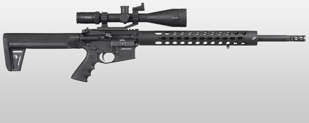 <table>
<tr><td class="spec_name">Receiver Finish: </td><td>Black Teflon over hard coat anodizing</td></tr>
<tr><td class="spec_name">Barrel: </td><td>20” light contour JP Supermatch™ with black Teflon finish</td></tr>
<tr><td class="spec_name">Muzzle Treatment: </td><td>Tatical-profile JP Compensator</td></tr>
<tr><td class="spec_name">Gas System: </td><td>JP adjustable minimized gas block</td></tr>
<tr><td class="spec_name">Bolt Carrier: </td><td>JP Full Mass Bolt Carrier</td></tr>
<tr><td class="spec_name">Hand Guard: </td><td>Extra Long JP Rapid Configuration Hand Guard</td></tr>
<tr><td class="spec_name">Stock: </td><td>EFX-A1 Stock</td></tr>
<tr><td class="spec_name">Grip: </td><td>Hogue Pistol Grip</td></tr>
</table>
