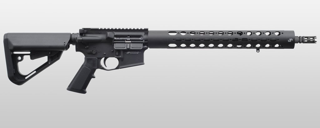 <table>
<tr><td class="spec_name">Receiver Finish: </td><td>Black Teflon over hard coat anodizing</td></tr>
<tr><td class="spec_name">Barrel: </td><td>16” light contour JP Supermatch™ with black Teflon finish</td></tr>
<tr><td class="spec_name">Muzzle Treatment: </td><td>Tactical-profile JP Compensator</td></tr>
<tr><td class="spec_name">Gas System: </td><td>JP adjustable minimized gas block</td></tr>
<tr><td class="spec_name">Bolt Carrier: </td><td>JP Full Mass Bolt Carrier</td></tr>
<tr><td class="spec_name">Hand Guard: </td><td>Extra Long JP Rapid Configuration Hand Guard</td></tr>
<tr><td class="spec_name">Stock: </td><td>TI-7 Stock</td></tr>
<tr><td class="spec_name">Grip: </td><td>A2 Pistol Grip</td></tr>
</table>