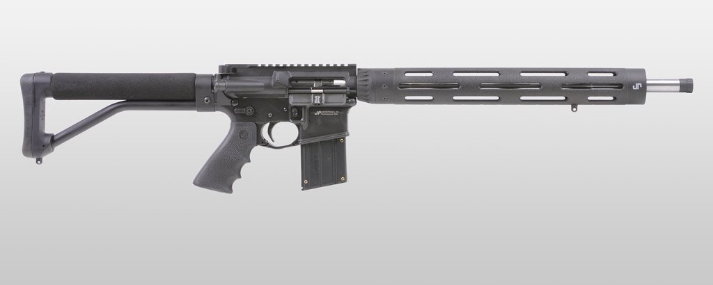 <table>
<tr><td class="spec_name">Receiver Finish: </td><td>Black Teflon over hard coat anodizing</td></tr>
<tr><td class="spec_name">Barrel: </td><td>18" 22 LR Supermatch™ stainless steel barrel</td></tr>
<tr><td class="spec_name">Muzzle Treatment: </td><td>1/2-28 TPI thread protector</td></tr>
<tr><td class="spec_name">Bolt Carrier: </td><td>JP proprietary rim fire action</td></tr>
<tr><td class="spec_name">Hand Guard: </td><td>XL JP Modular Hand Guard</td></tr>
<tr><td class="spec_name">Stock: </td><td>ACE ARFX buttstock</td></tr>
<tr><td class="spec_name">Grip: </td><td>Hogue pistol grip</td></tr>
</table>


