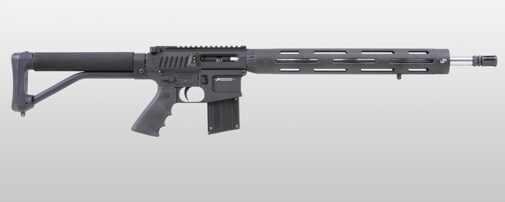 <table>
<tr><td class="spec_name">Receiver Finish: </td><td>Black Teflon over hard coat anodizing</td></tr>
<tr><td class="spec_name">Barrel: </td><td>18" 22 LR Supermatch™ stainless steel barrel</td></tr>
<tr><td class="spec_name">Muzzle Treatment: </td><td>A2 style compensator</td></tr>
<tr><td class="spec_name">Bolt Carrier: </td><td>JP proprietary rim fire action</td></tr>
<tr><td class="spec_name">Hand Guard: </td><td>XL JP Modular Hand Guard</td></tr>
<tr><td class="spec_name">Stock: </td><td>ACE ARFX buttstock</td></tr>
<tr><td class="spec_name">Grip: </td><td>Hogue pistol grip</td></tr>
</table>


