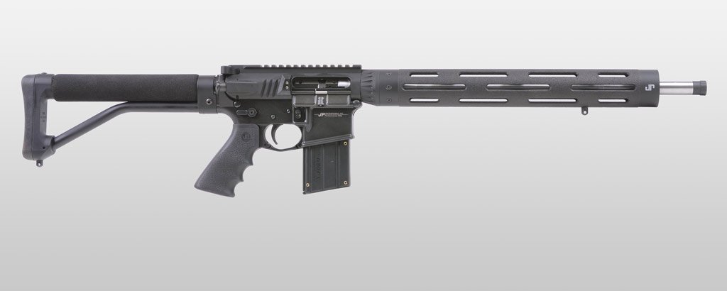 <table>
<tr><td class="spec_name">Receiver Finish: </td><td>Black Teflon over hard coat anodizing</td></tr>
<tr><td class="spec_name">Barrel: </td><td>18" 22 LR Supermatch™ stainless steel barrel</td></tr>
<tr><td class="spec_name">Muzzle Treatment: </td><td>1/2-28 TPI thread protector</td></tr>
<tr><td class="spec_name">Bolt Carrier: </td><td>JP proprietary rim fire action</td></tr>
<tr><td class="spec_name">Hand Guard: </td><td>XL JP Modular Hand Guard</td></tr>
<tr><td class="spec_name">Stock: </td><td>ACE ARFX buttstock</td></tr>
<tr><td class="spec_name">Grip: </td><td>Hogue pistol grip</td></tr>
</table>


