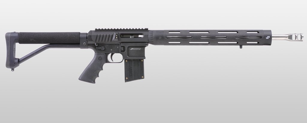 <table>
<tr><td class="spec_name">Receiver Finish: </td><td>Black Teflon over hard coat anodizing</td></tr>
<tr><td class="spec_name">Barrel: </td><td>18" 22 LR Supermatch™ stainless steel barrel</td></tr>
<tr><td class="spec_name">Muzzle Treatment: </td><td>Blended Small Profile Compensator</td></tr>
<tr><td class="spec_name">Bolt Carrier: </td><td>JP proprietary rim fire action</td></tr>
<tr><td class="spec_name">Hand Guard: </td><td>XL JP Modular Hand Guard</td></tr>
<tr><td class="spec_name">Stock: </td><td>ACE ARFX buttstock</td></tr>
<tr><td class="spec_name">Grip: </td><td>Hogue pistol grip</td></tr>
</table>



